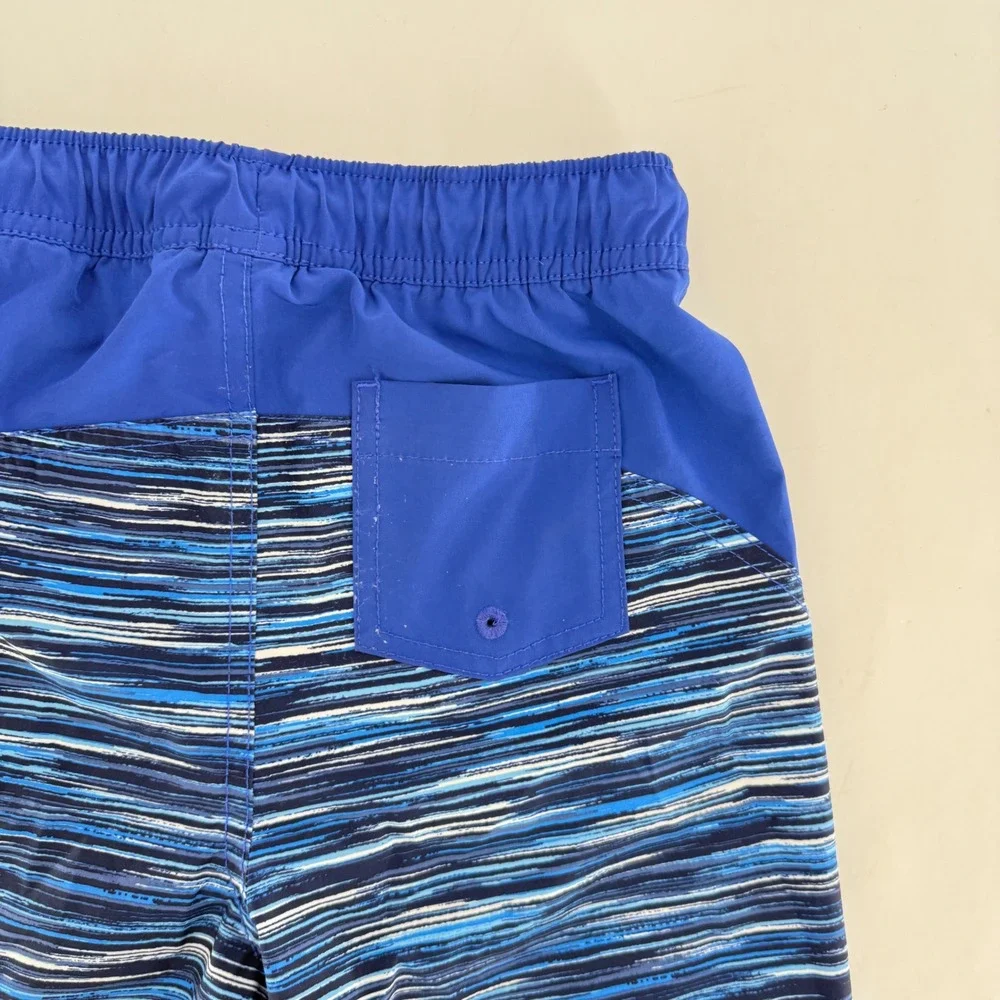 Lands End Kids‎ Swim Trunks Size L 10-12 Blue Stripe Elastic Drawstring Pockets